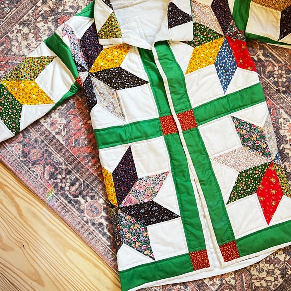 Handmade Star Patchwork Quilt Coat in Bright Green Trim - Picture 3 of 9